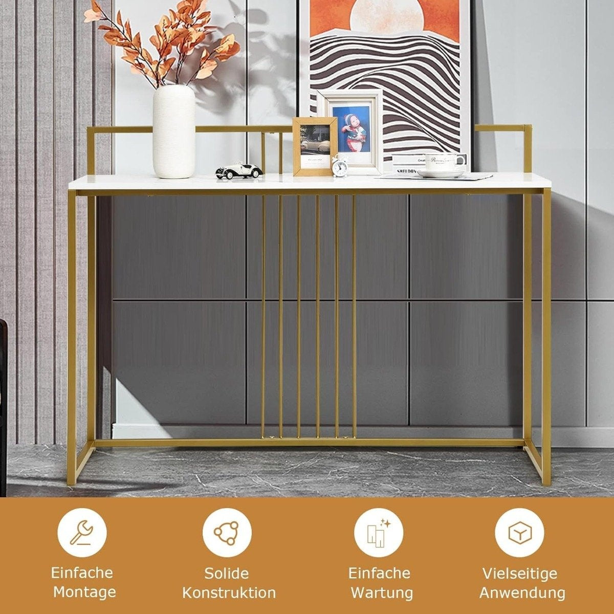 120 cm Console Table with Marble Look & Gold Metal Frame Modern Hallway Table White