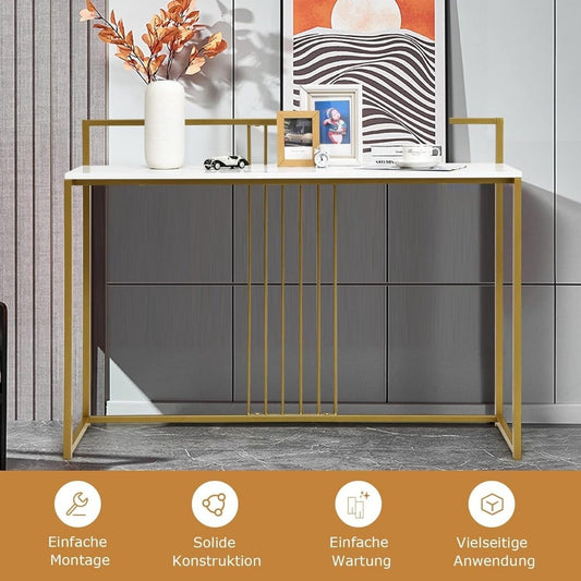 120 cm Console Table with Marble Look & Gold Metal Frame Modern Hallway Table White
