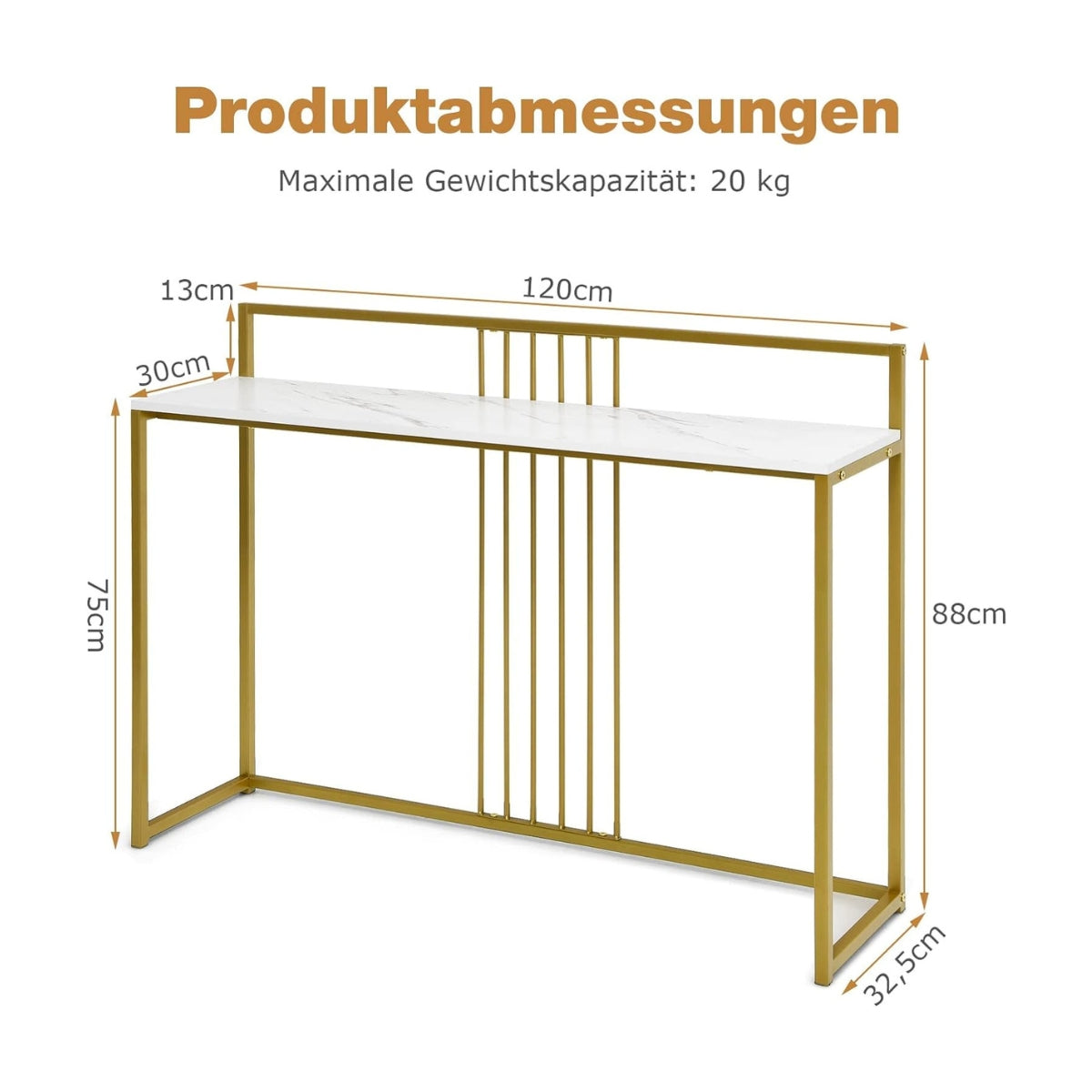 120 cm Console Table with Marble Look & Gold Metal Frame Modern Hallway Table White