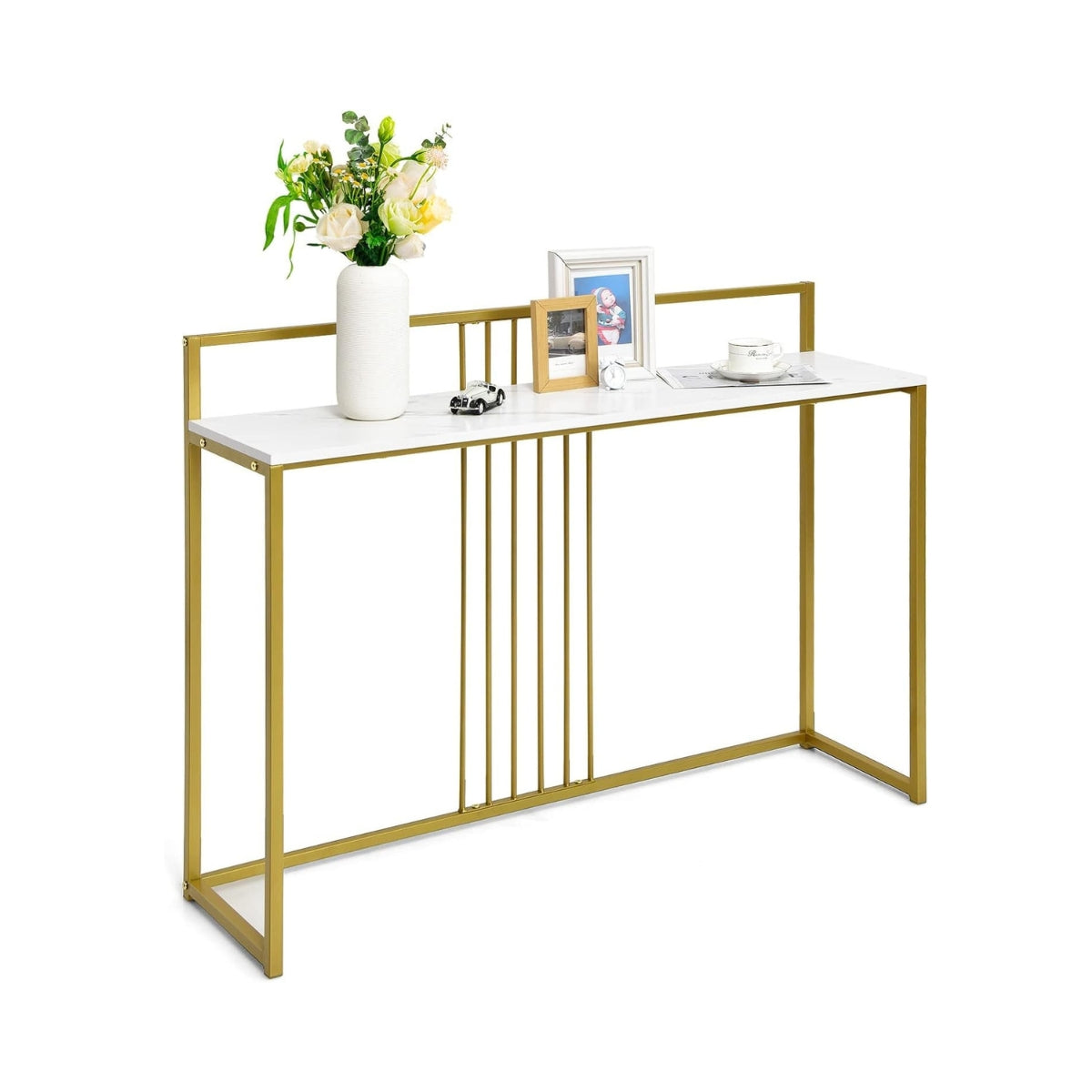 120 cm Console Table with Marble Look & Gold Metal Frame Modern Hallway Table White