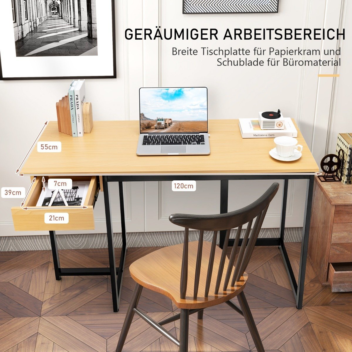 120 cm Long Computer Desk with Drawer & Adjustable Pads Computer Desk Natural