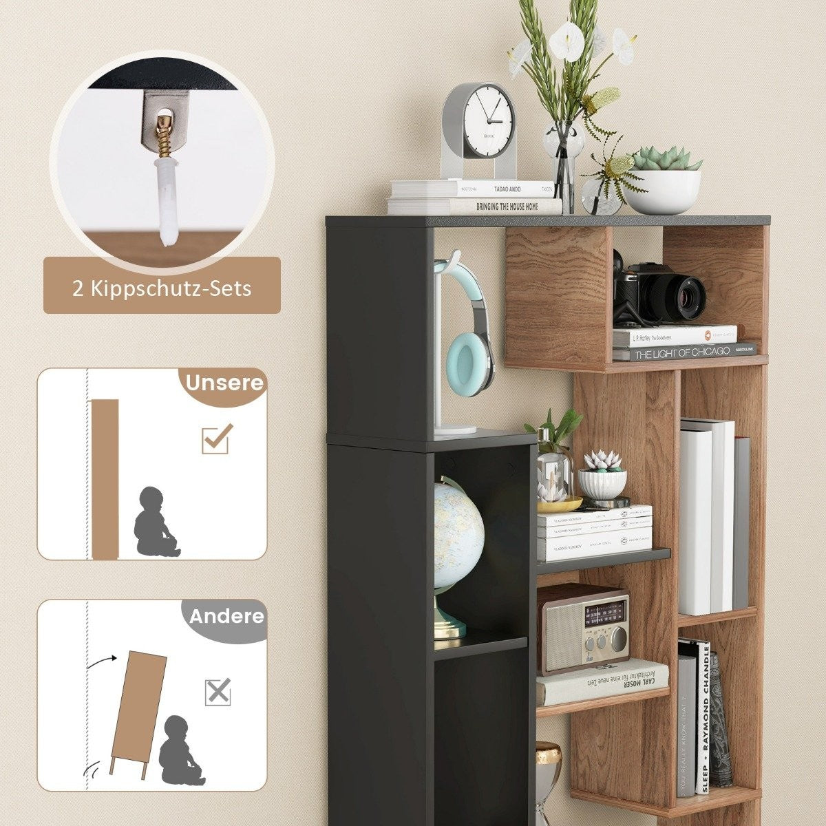 120cm bookcase with 9 compartments, standing shelf, room divider, geometric, black and wood
