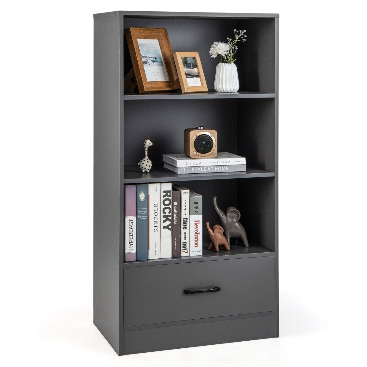 120 cm bookcase with drawers 4 levels wooden storage shelf standing shelf 60 x 38 x 120 cm gray