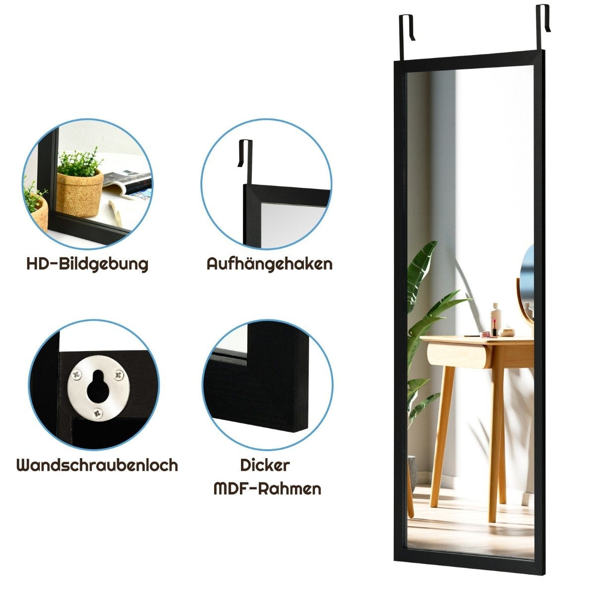 120 x 37 cm wall mirror door mirror with height-adjustable hanging hooks mirror for bedroom