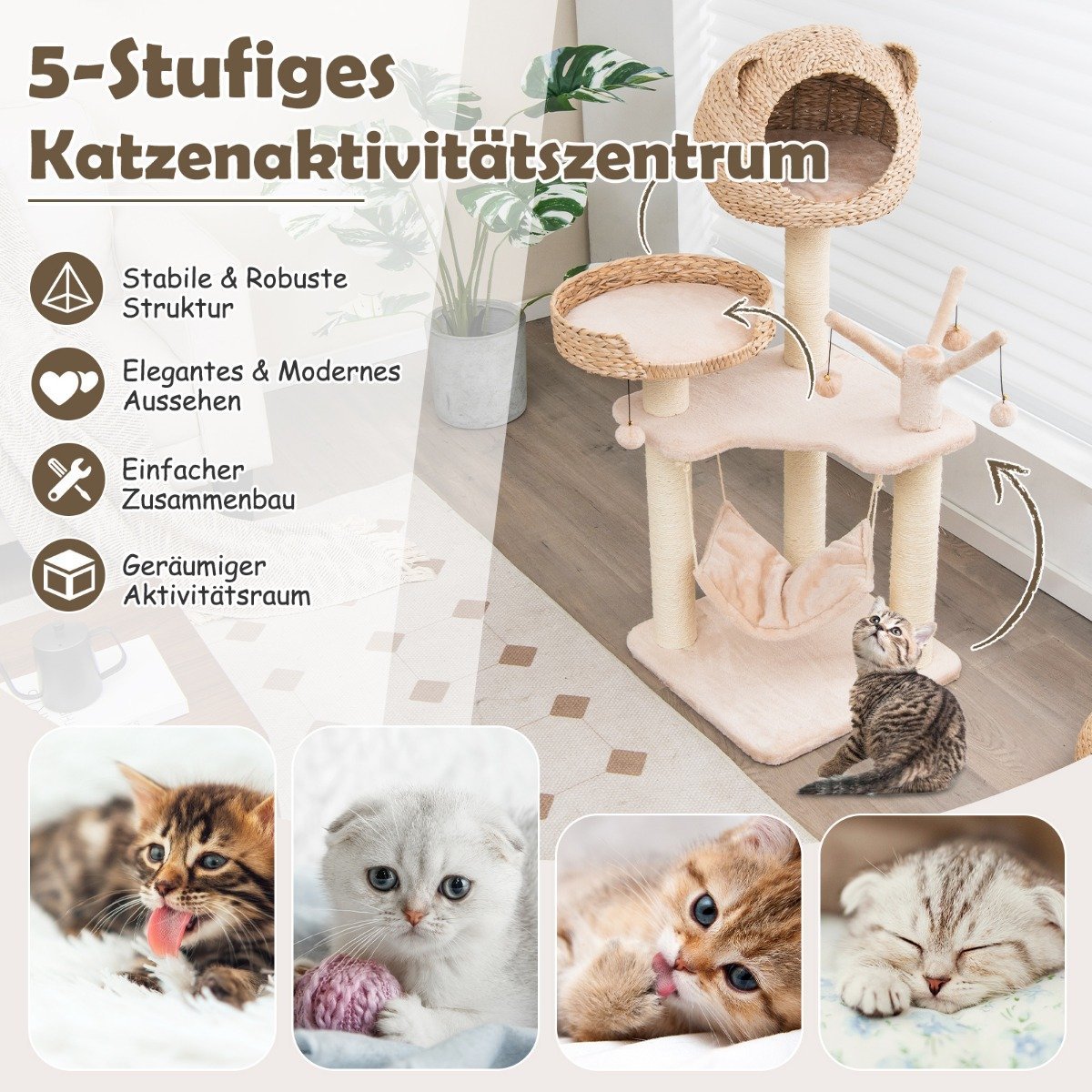 121 cm high cat tree climbing tree with cat cave natural
