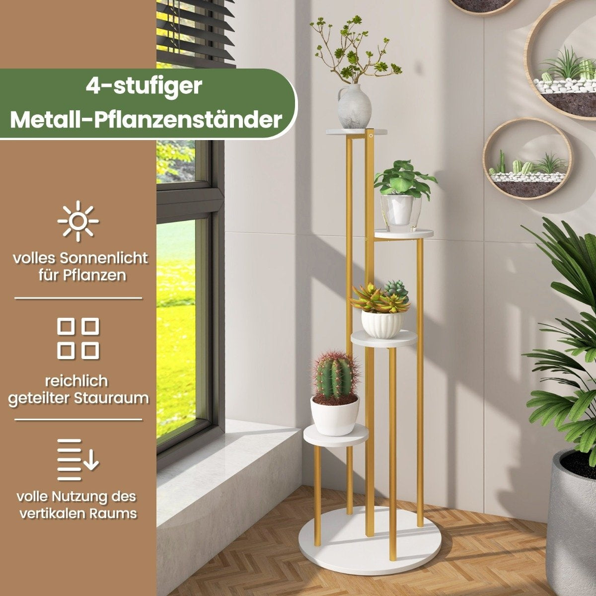 122.5cm 4 Tier Metal Plant Stand with Gold Metal Frame White