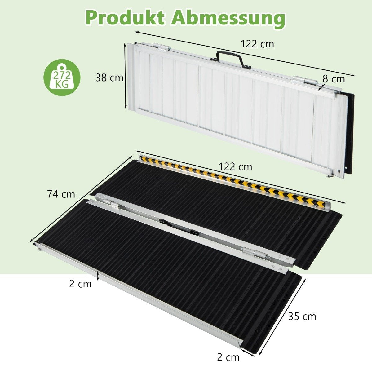 122 x 74 cm wheelchair ramp, portable & anti-slip folding ramp, load-bearing up to 272 kg, aluminium