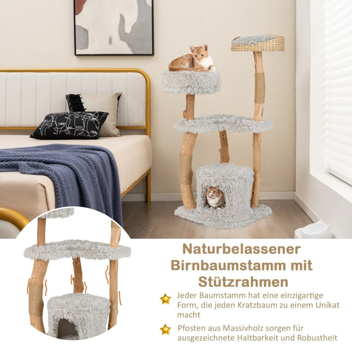 124 cm Cat Tree with Wood Frame, Jute Posts, Plush Seat