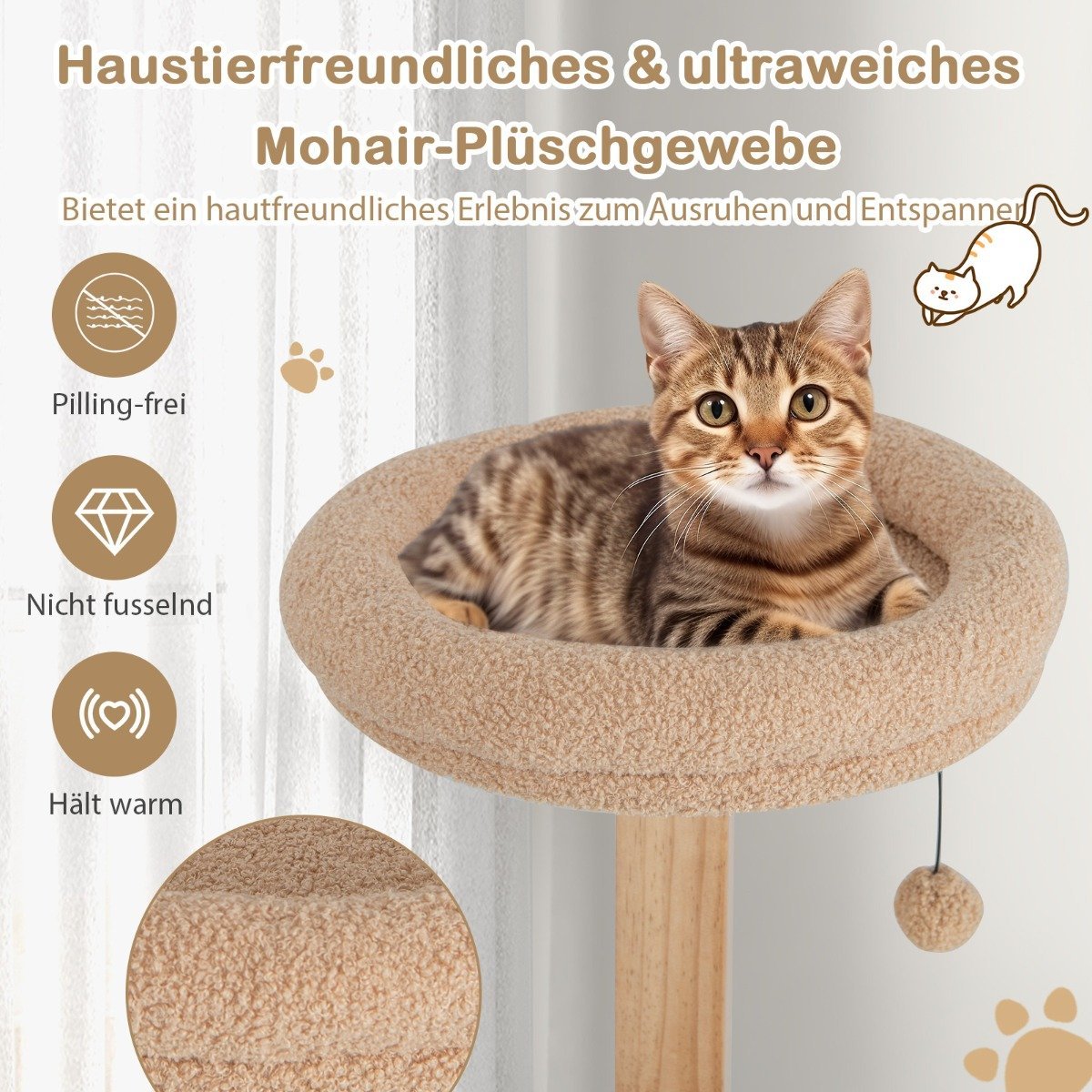 129cm Wooden Scratching Post with Cat Cave & Removable Mats & Balls Cat Tree