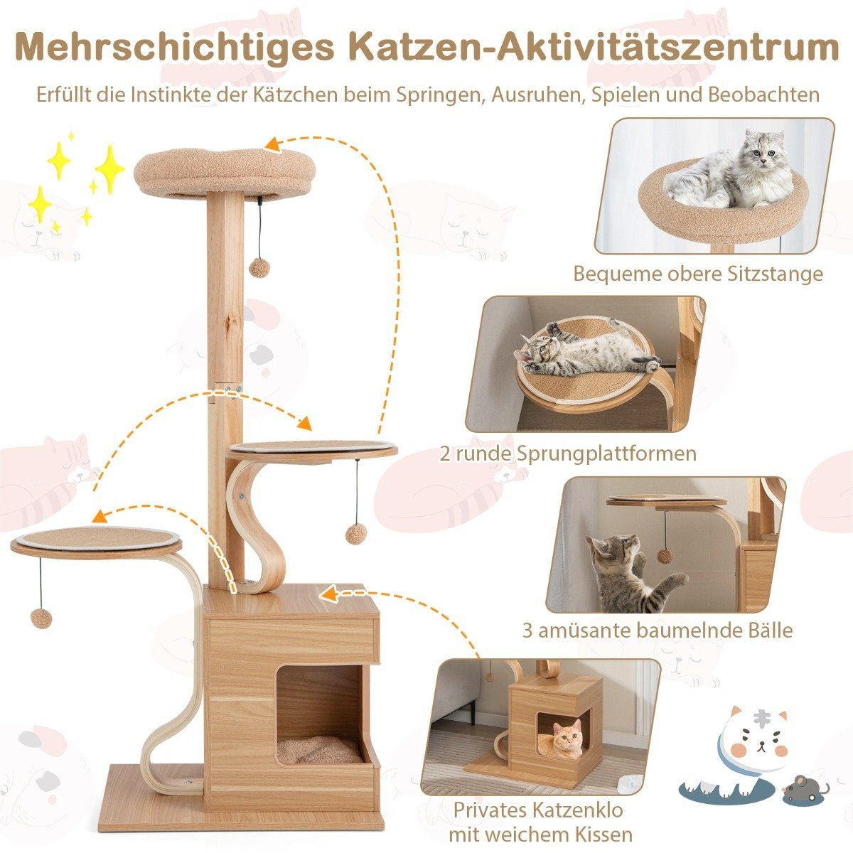 129cm Wooden Scratching Post with Cat Cave & Removable Mats & Balls Cat Tree
