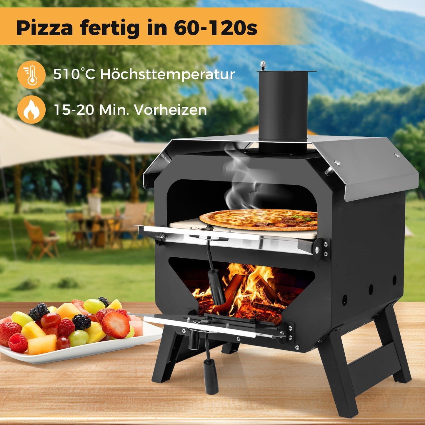 12" Portable Outdoor Pizza Oven with Stone & Cover