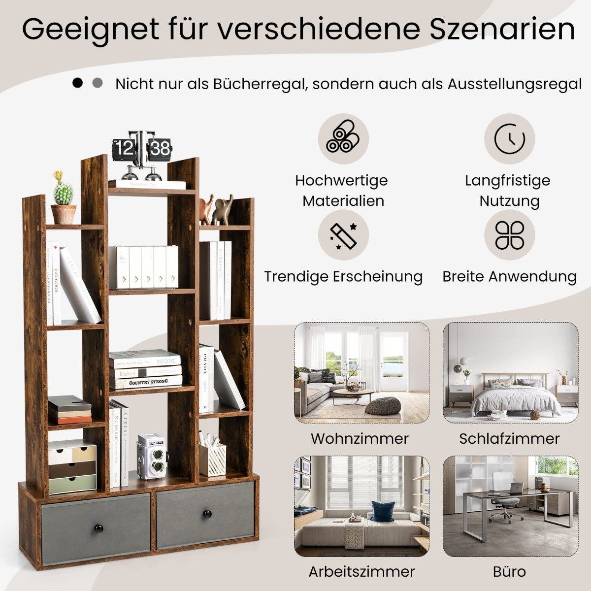 12 Tier Open Back Bookcase & Drawer 81 x 24 x 132 cm Brown