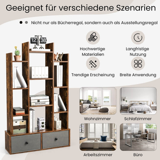 12 Tier Open Back Bookcase & Drawer 81 x 24 x 132 cm Brown