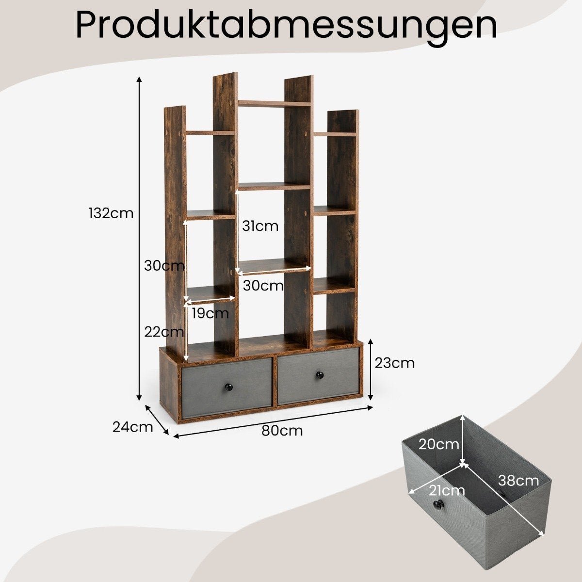 12 Tier Open Back Bookcase & Drawer 81 x 24 x 132 cm Brown