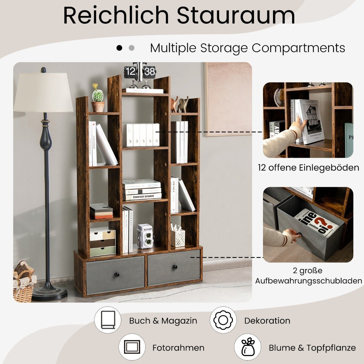 12 Tier Open Back Bookcase & Drawer 81 x 24 x 132 cm Brown