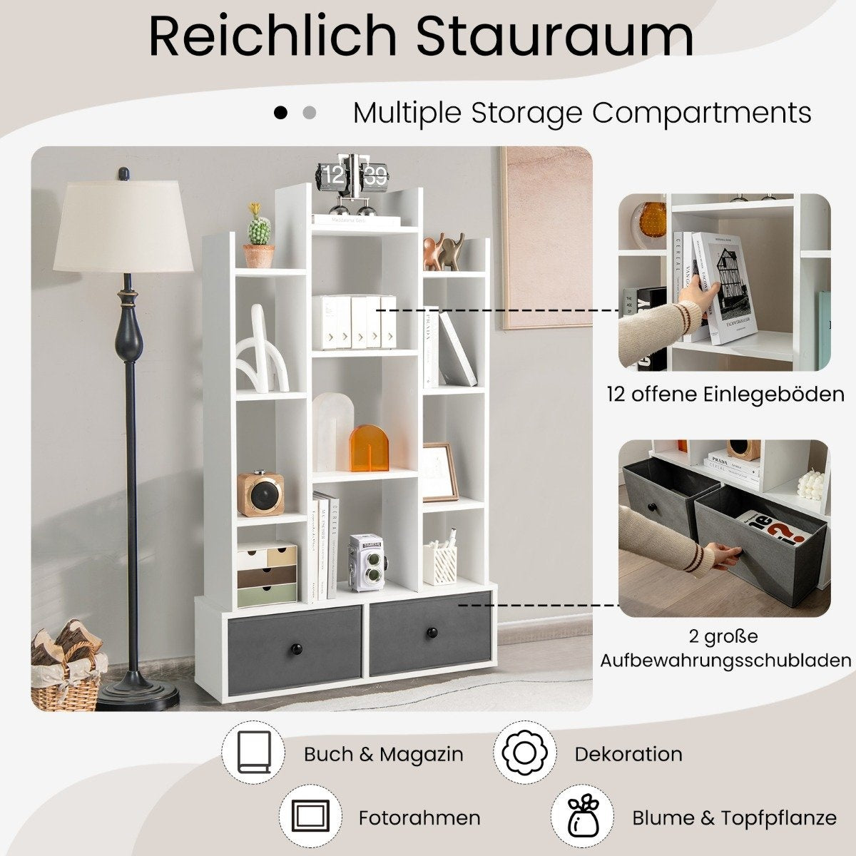 12 Tier Open Back Bookcase & Drawer 81 x 24 x 132 cm White