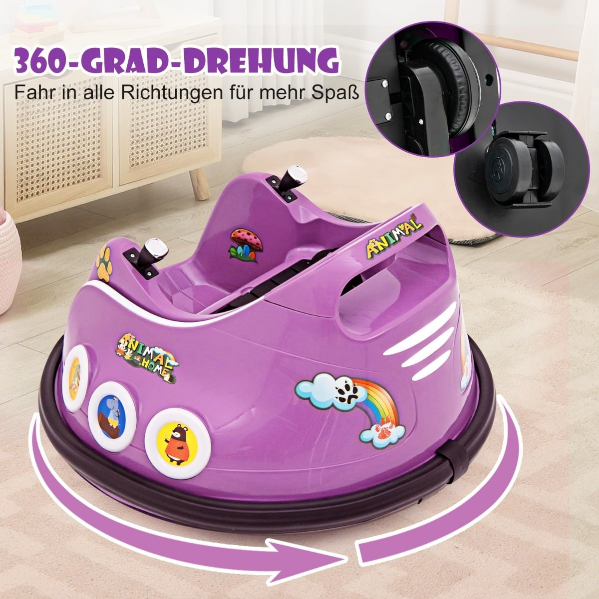 12V Kids Bumper Car, 360 Spin, Music & Remote, Purple