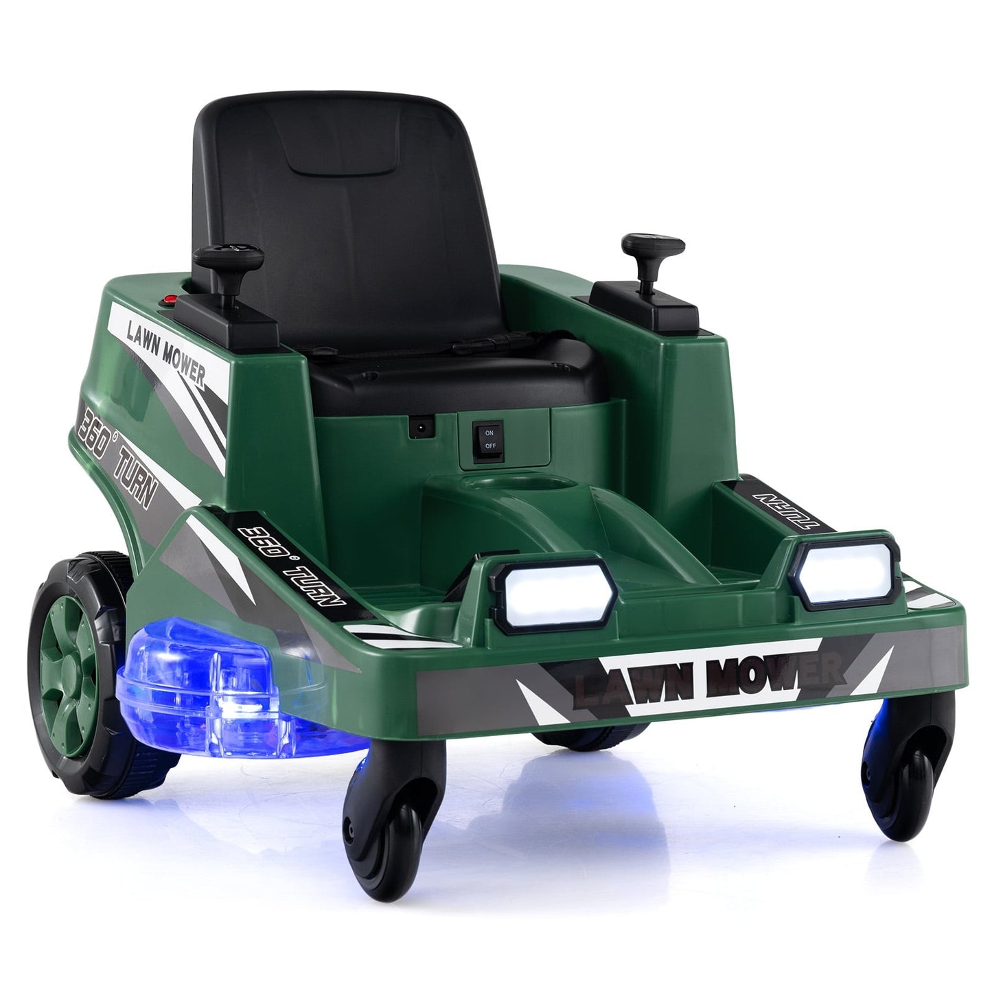 12V Kids Ride-On Mower with 360 Rotation & LED Lights