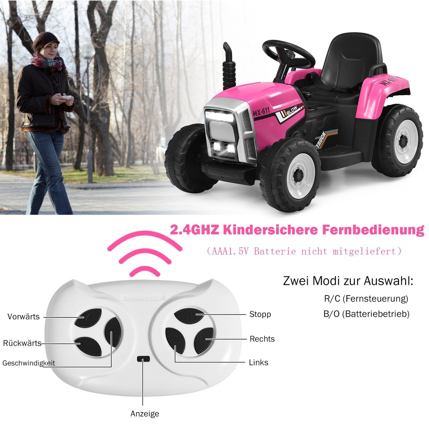 12V Kids Ride-On Tractor with Trailer, Remote Control