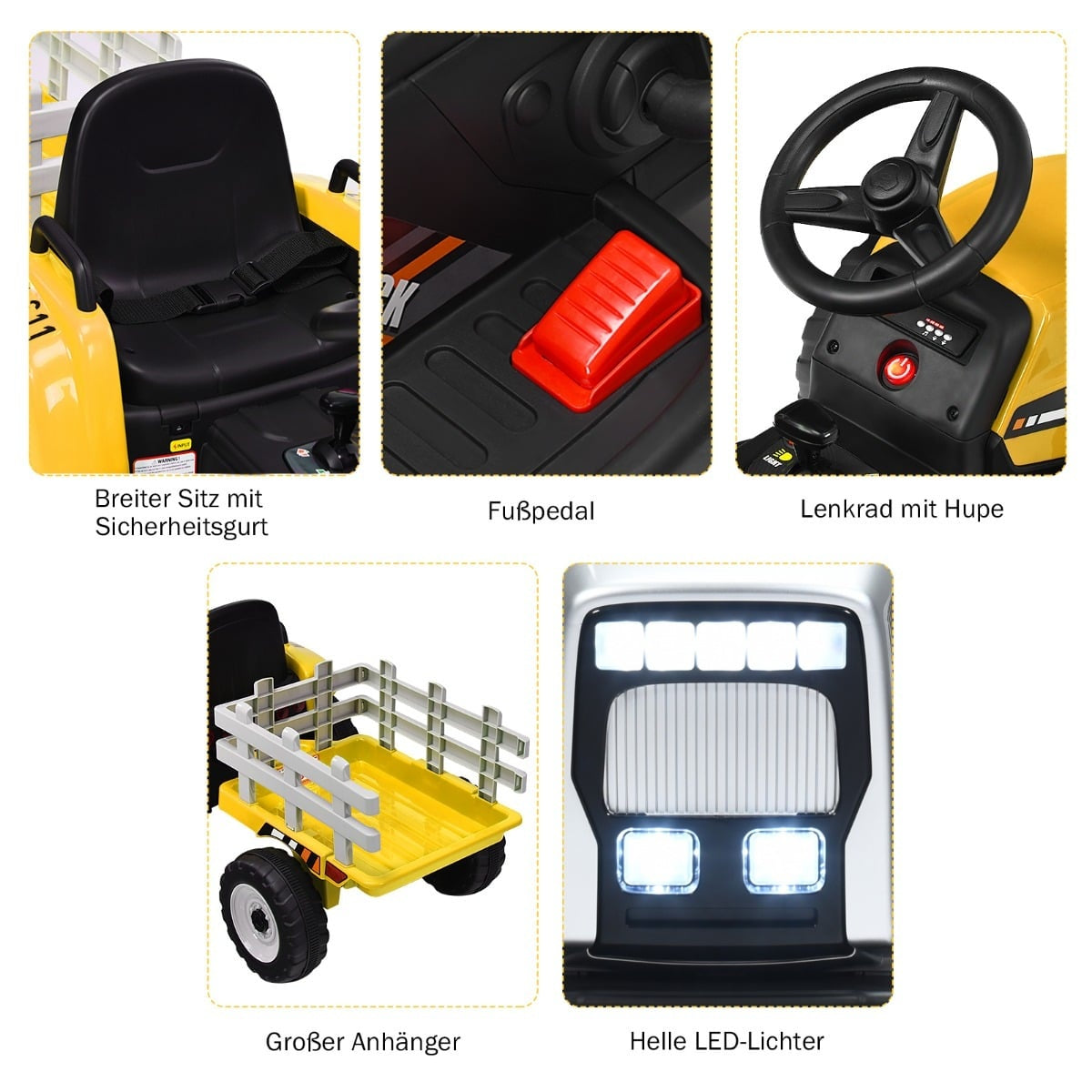 12V Kids Ride-On Tractor with Trailer – Yellow