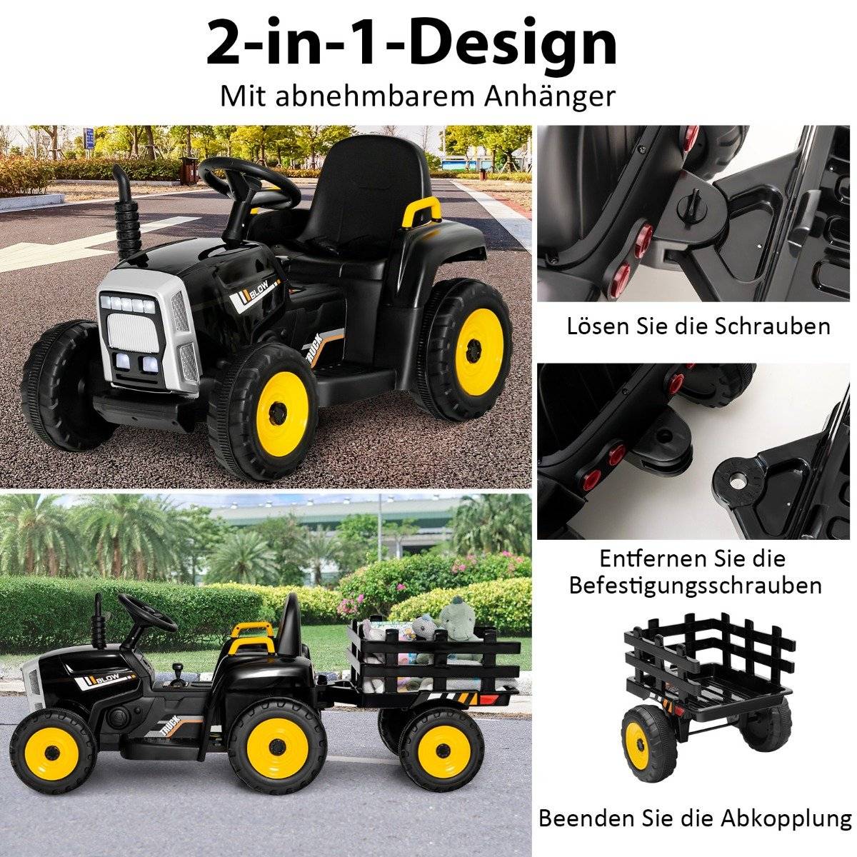 12V Kids Tractor with Detachable Trailer & Remote Control Electric Toy Car Black