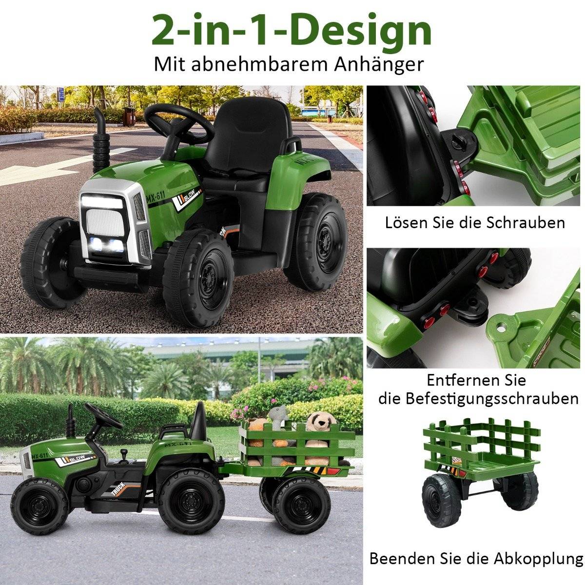 12V Kids Tractor with Detachable Trailer & Remote Control Electric Toy Car Green