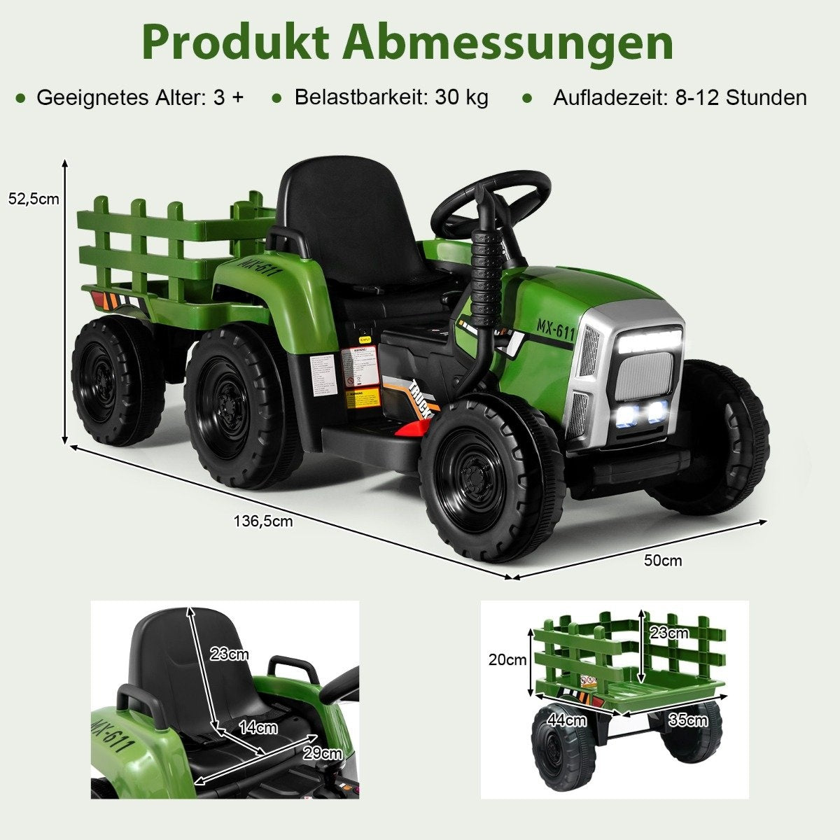 12V Kids Tractor with Detachable Trailer & Remote Control Electric Toy Car Green