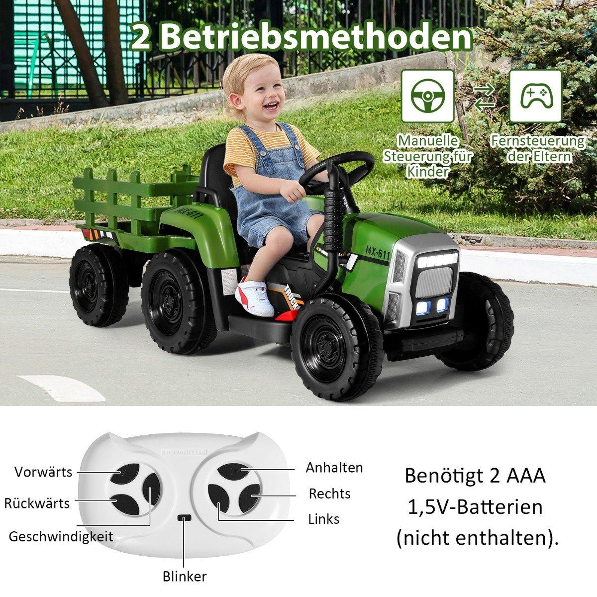 12V Kids Tractor with Detachable Trailer & Remote Control Electric Toy Car Green