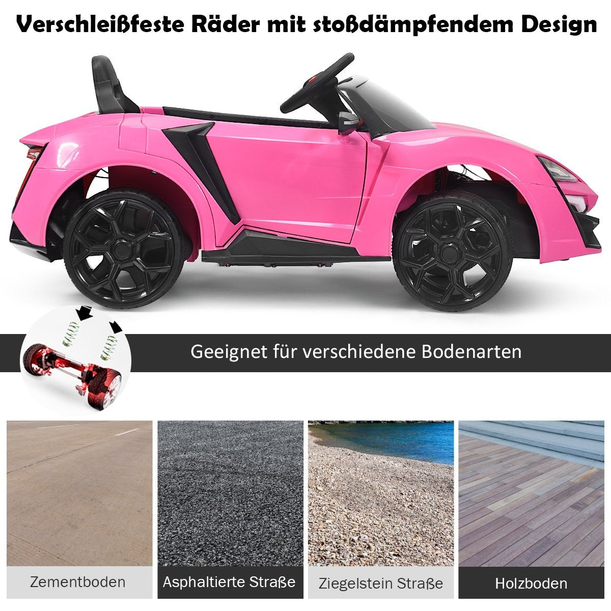 12V electric children's car with shock absorber spring remote control & music & soft start & horn & LED lights pink
