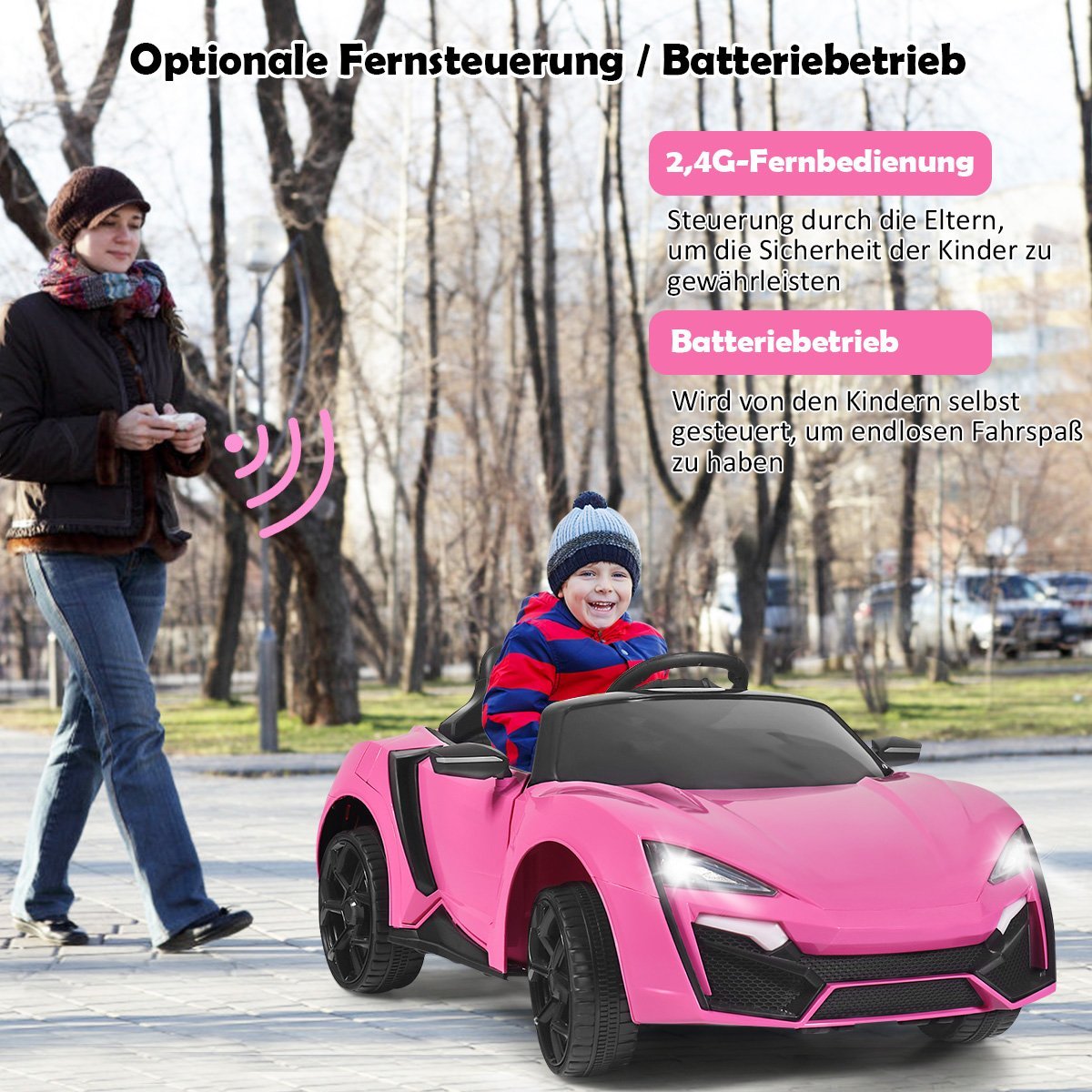 12V electric children's car with shock absorber spring remote control & music & soft start & horn & LED lights pink