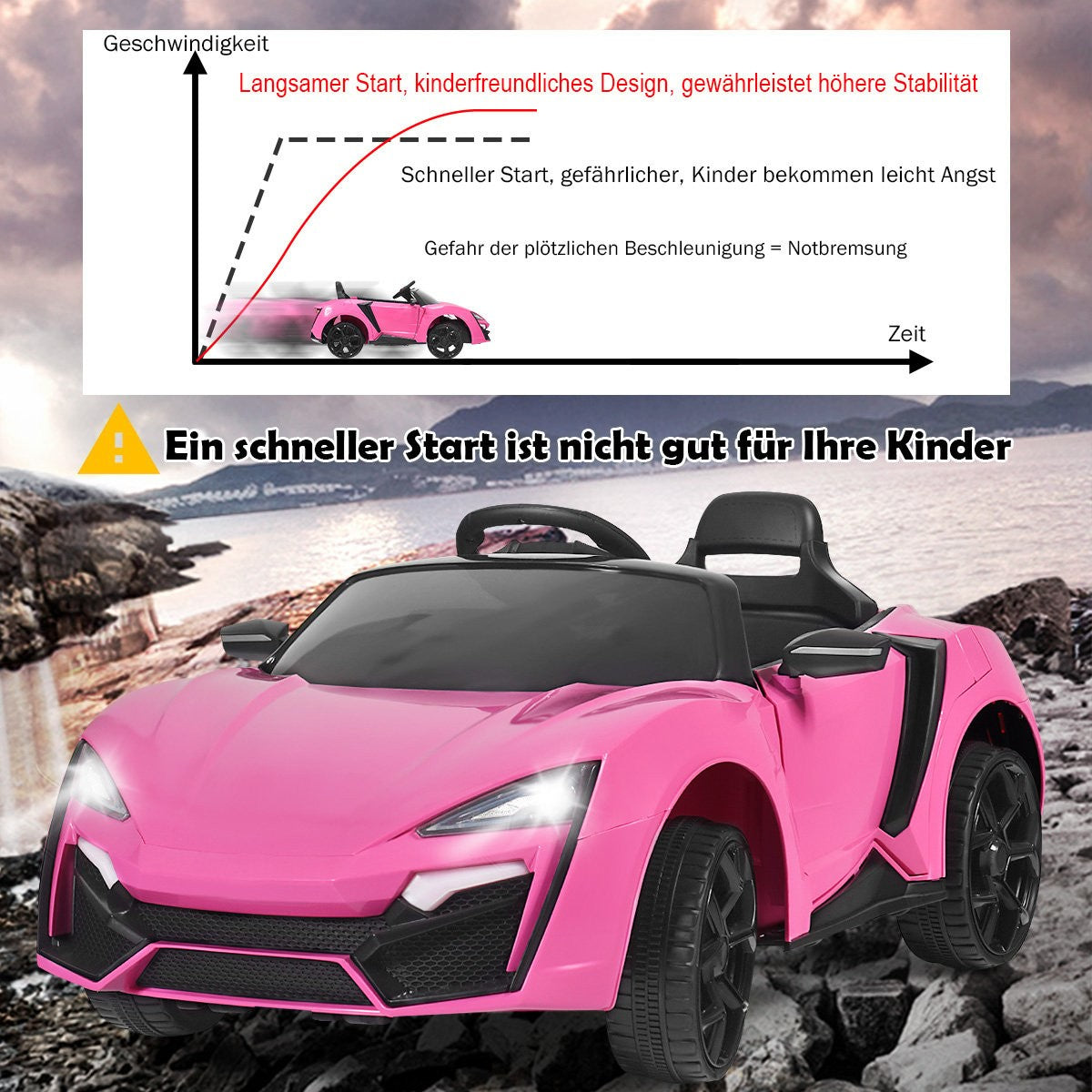 12V electric children's car with shock absorber spring remote control & music & soft start & horn & LED lights pink