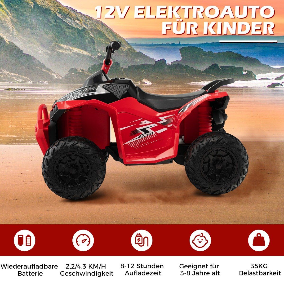 12V electric children's quad with 2.2/4.3 KM/H speed &amp; Horn, music &amp; LED lights electric quad red
