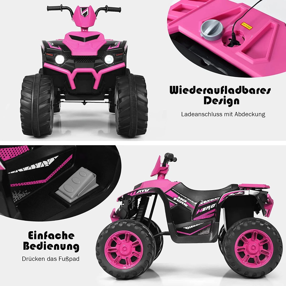 12V electric children's quad with headlight mini electric quad with music & horn pink