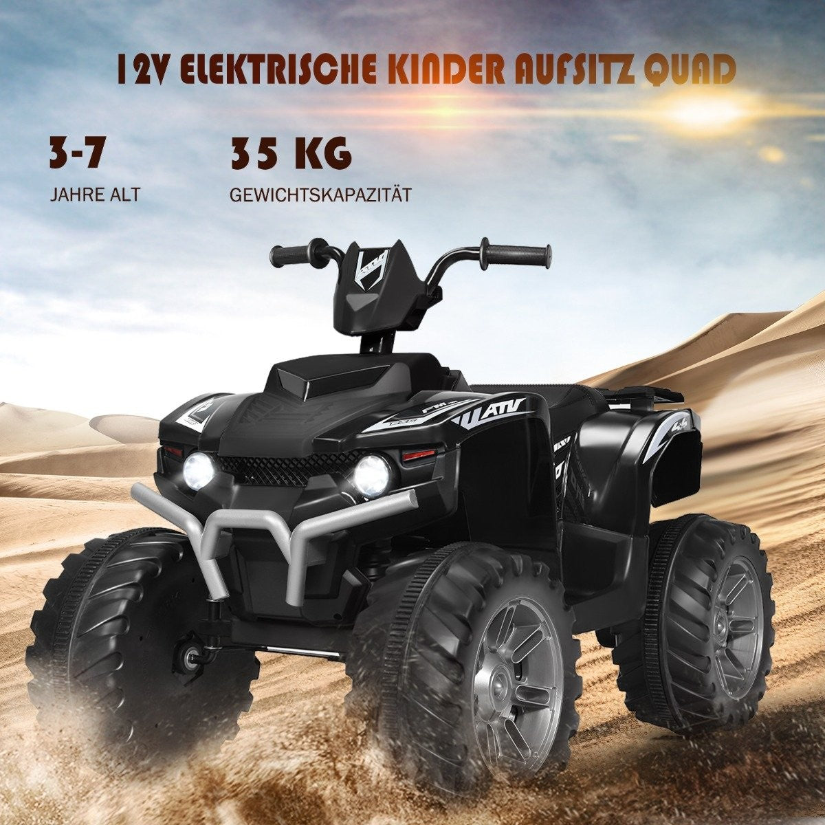 12V electric children's quad with headlights, mini electric quad with music and horn, 4 wheels children's quad, 2.8-5 km/h for children aged 3 and over, black