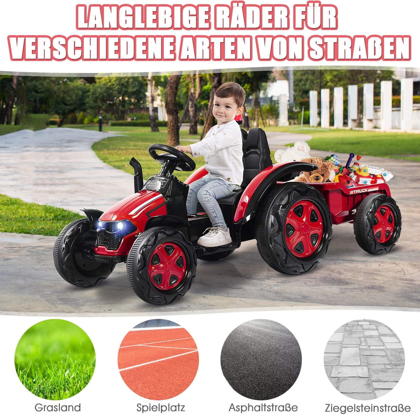 12V tractor children's ride-on tractor with removable trailer 151 x 68 x 70 cm red