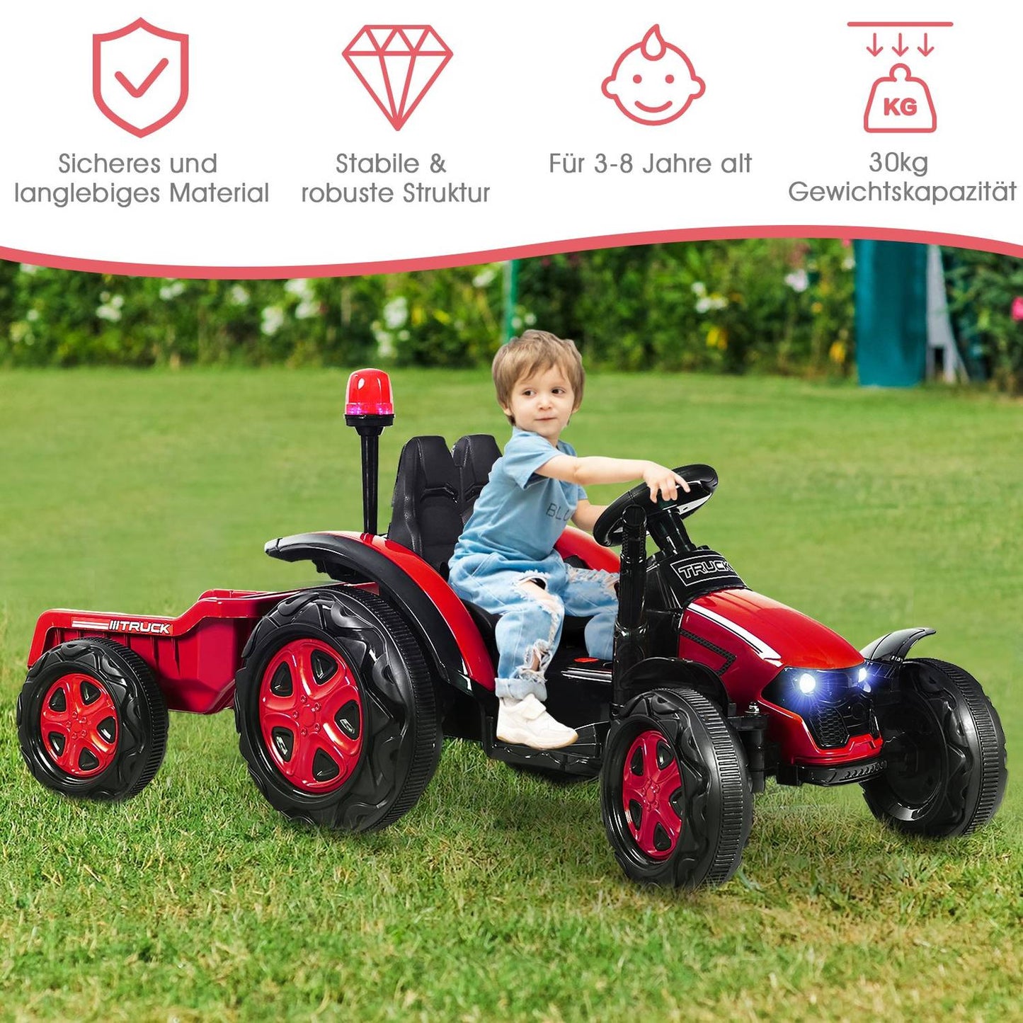 12V tractor children's ride-on tractor with removable trailer 151 x 68 x 70 cm red