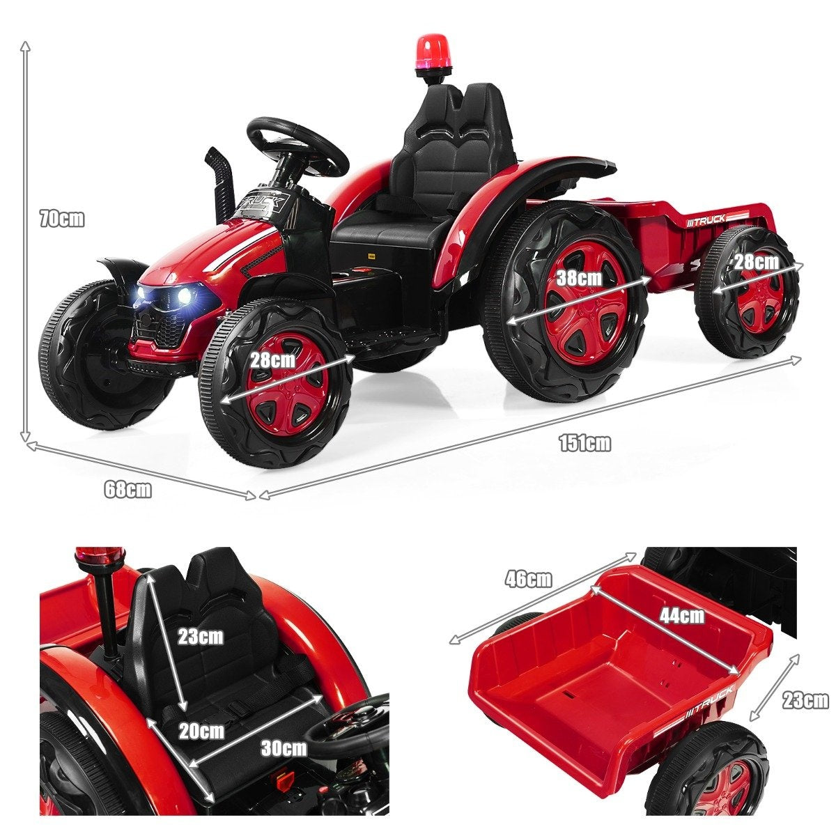 12V tractor children's ride-on tractor with removable trailer 151 x 68 x 70 cm red