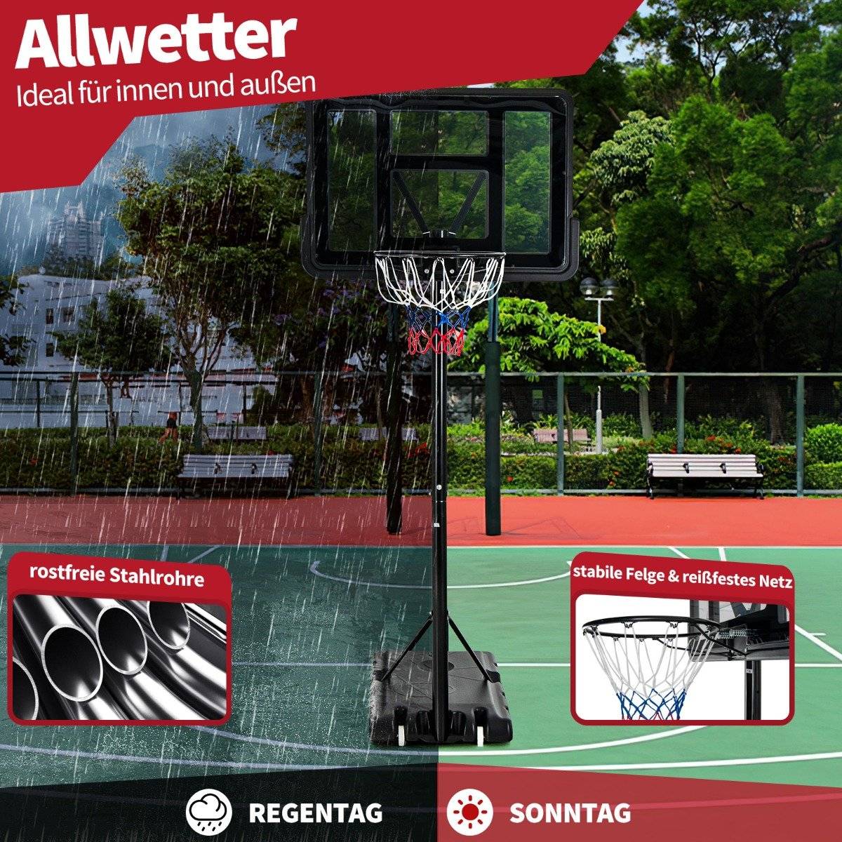 130 - 305 cm basketball stand with net & 2 wheels, height adjustable black