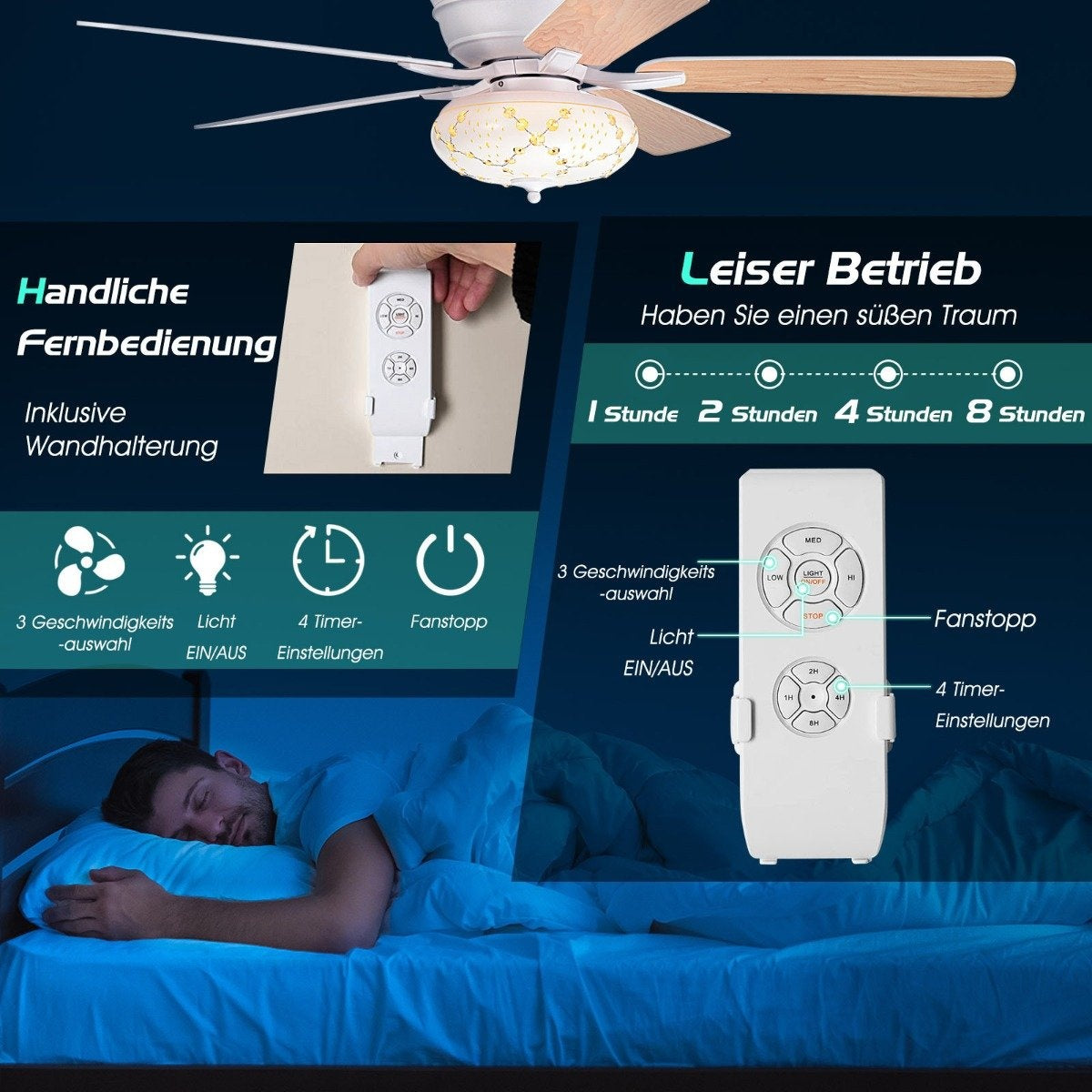 132cm ceiling fan wood with lighting reversible fan with lamp 4H timer white