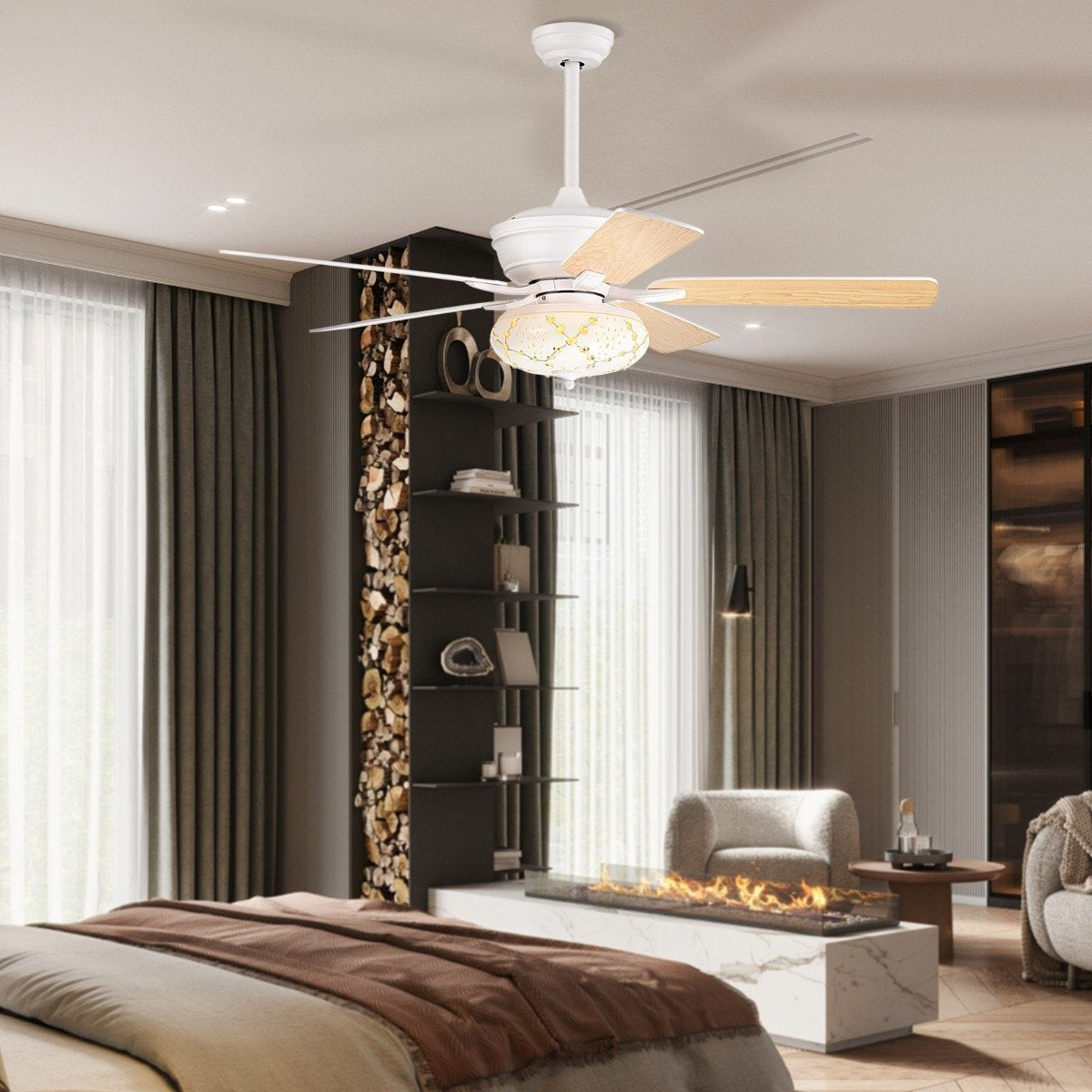 132cm ceiling fan wood with lighting reversible fan with lamp 4H timer white