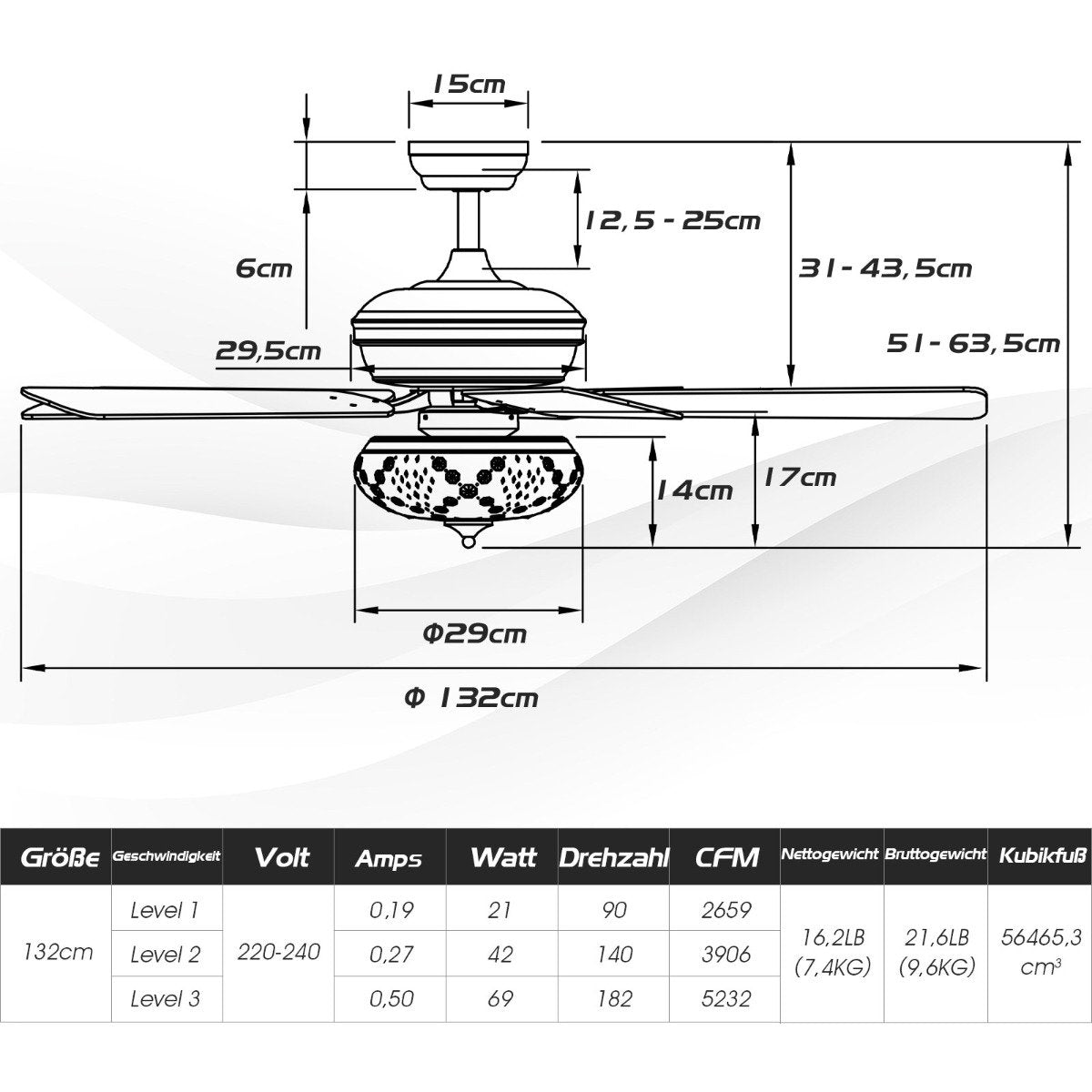 132cm ceiling fan wood with lighting reversible fan with lamp 4H timer white