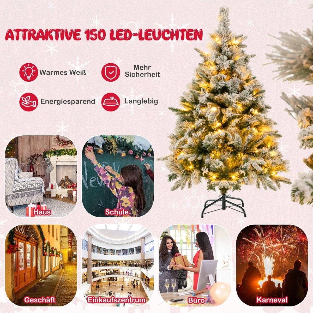 136cm Artificial Christmas Tree with Snow & 150 Warm White LED Lights Green