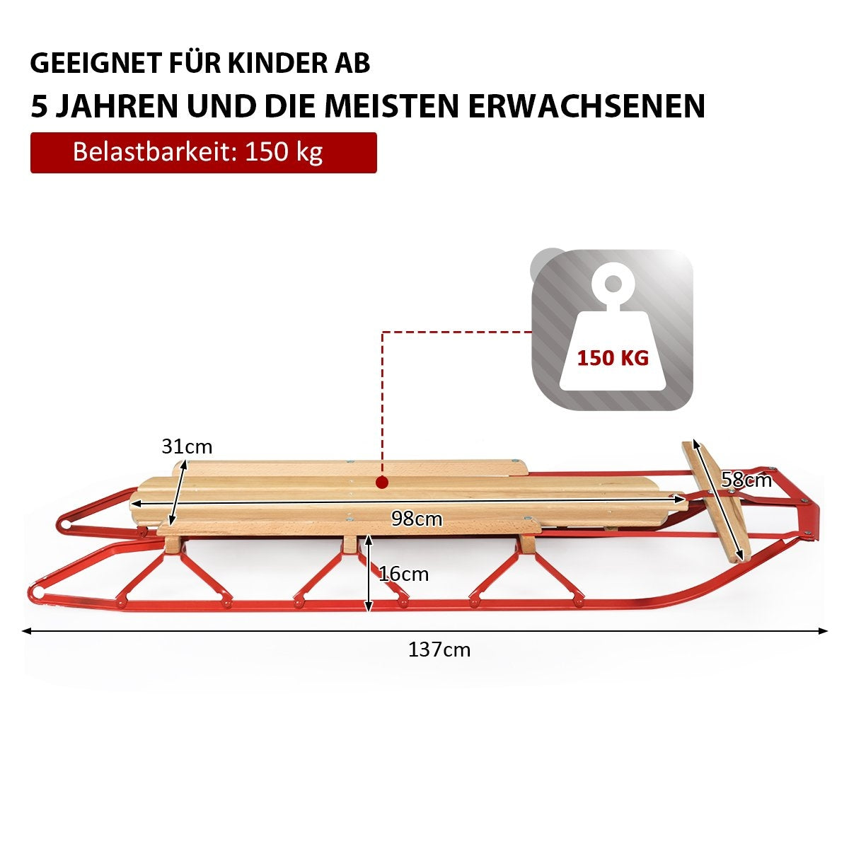 137 cm sledge Davos toboggan wood & metal 150 kg loadable for children and adults