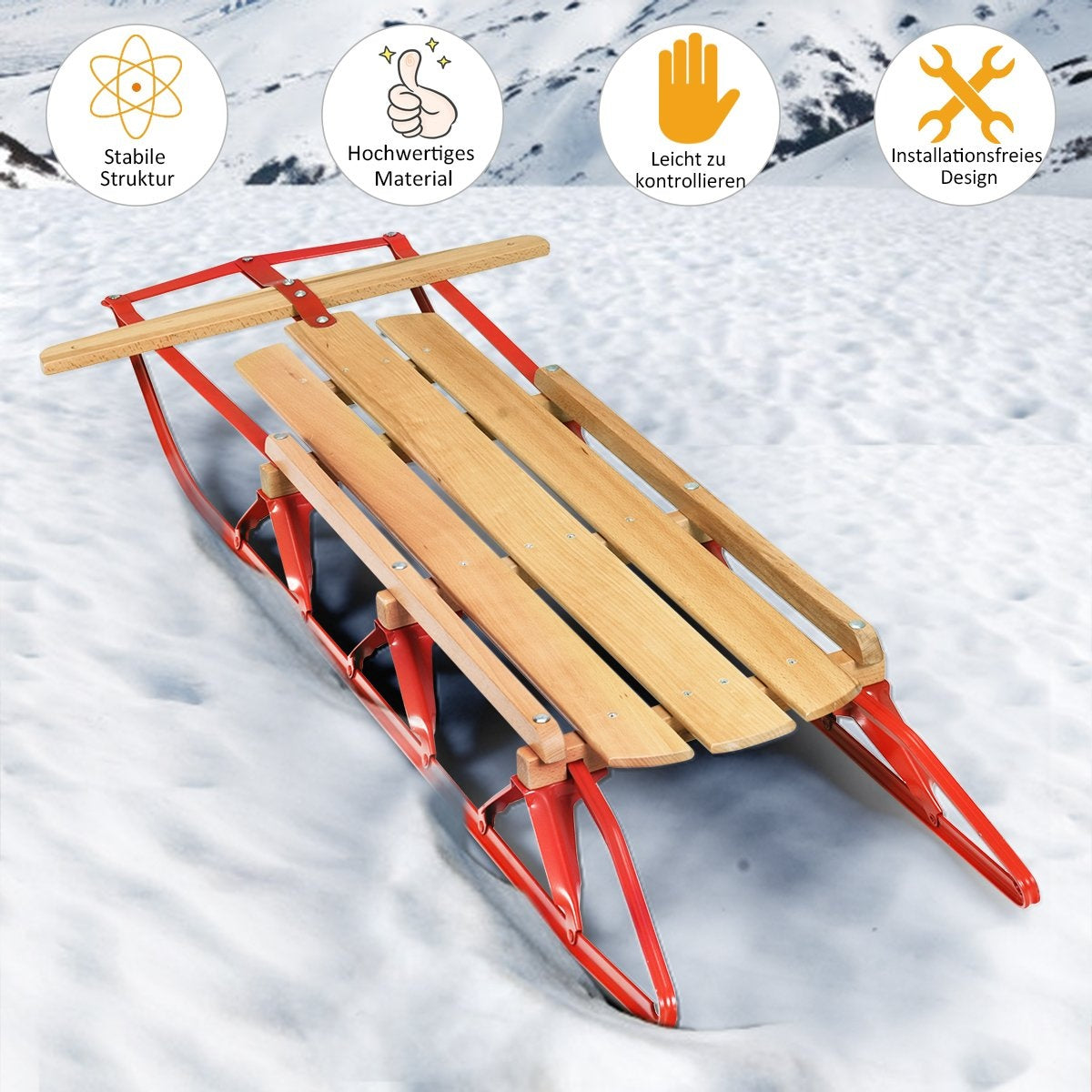 137 cm sledge Davos toboggan wood & metal 150 kg loadable for children and adults