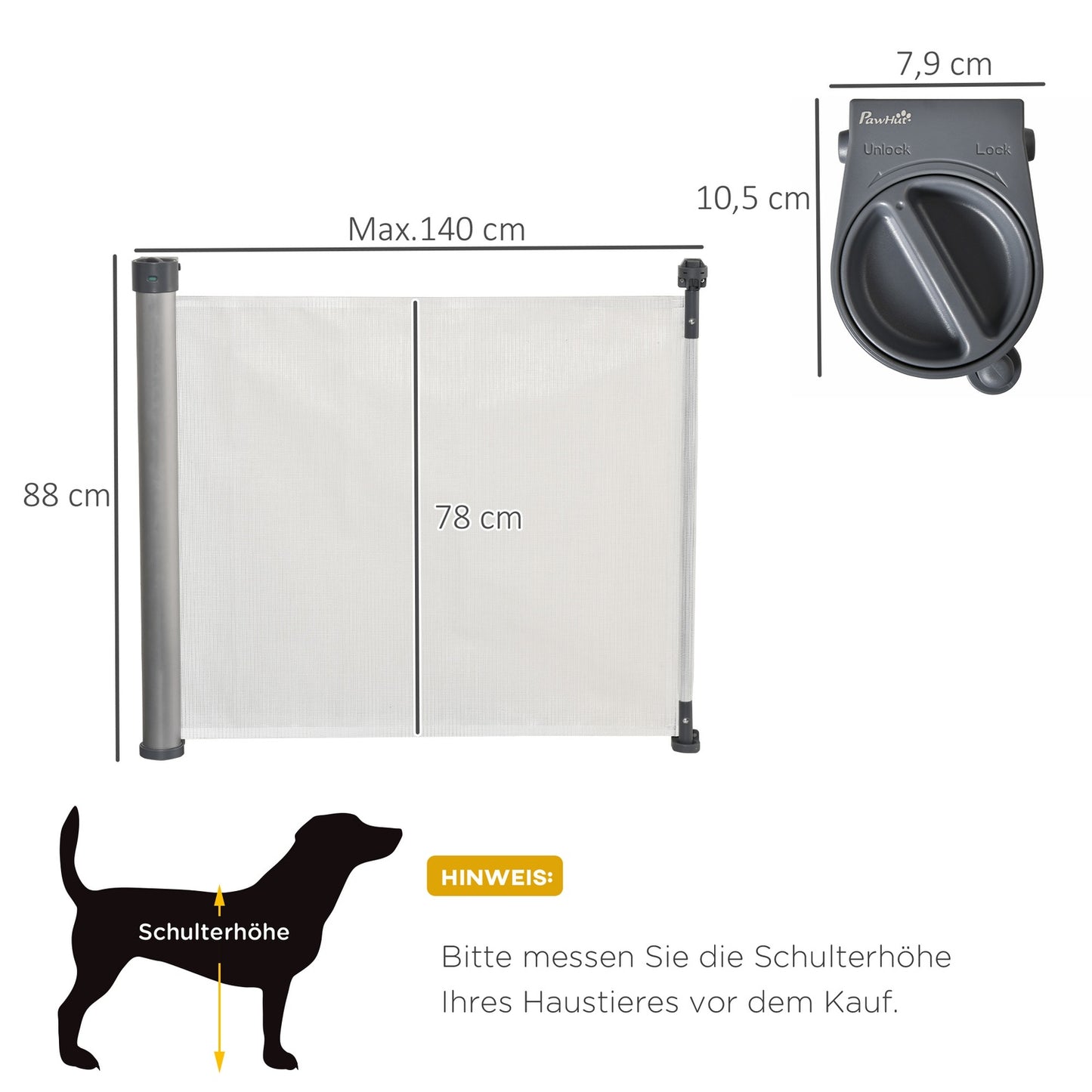 Retractable 140 cm stair gate, roll-up, one-handed operation