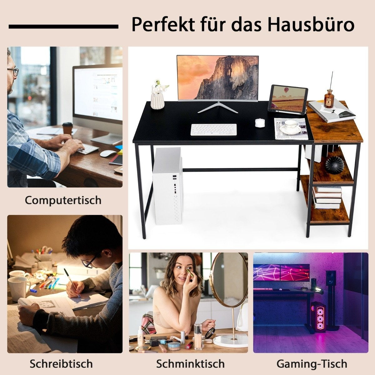 140 cm desk with shelves & splice plate computer table office table PC table brown