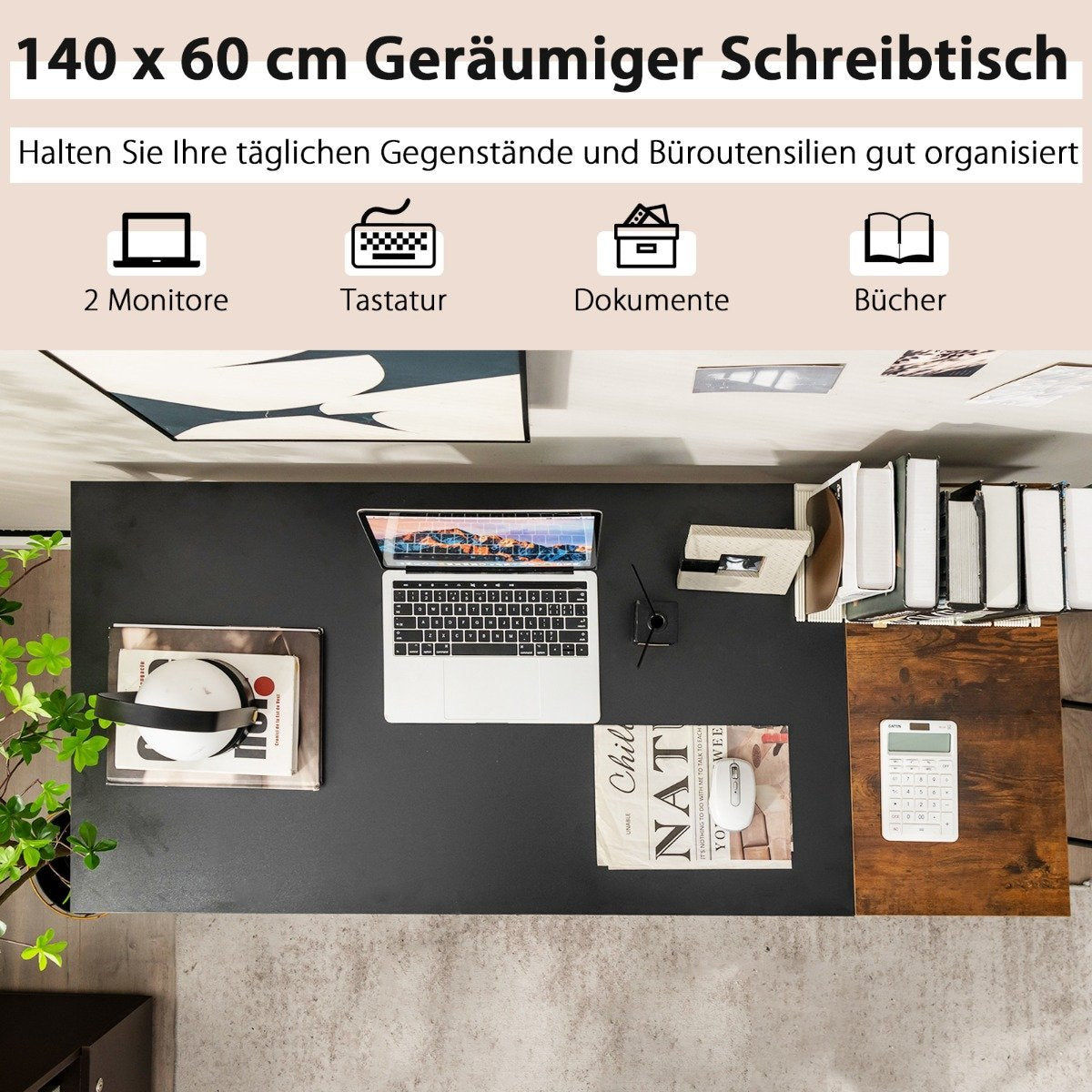 140 cm desk with shelves & splice plate computer table office table PC table brown