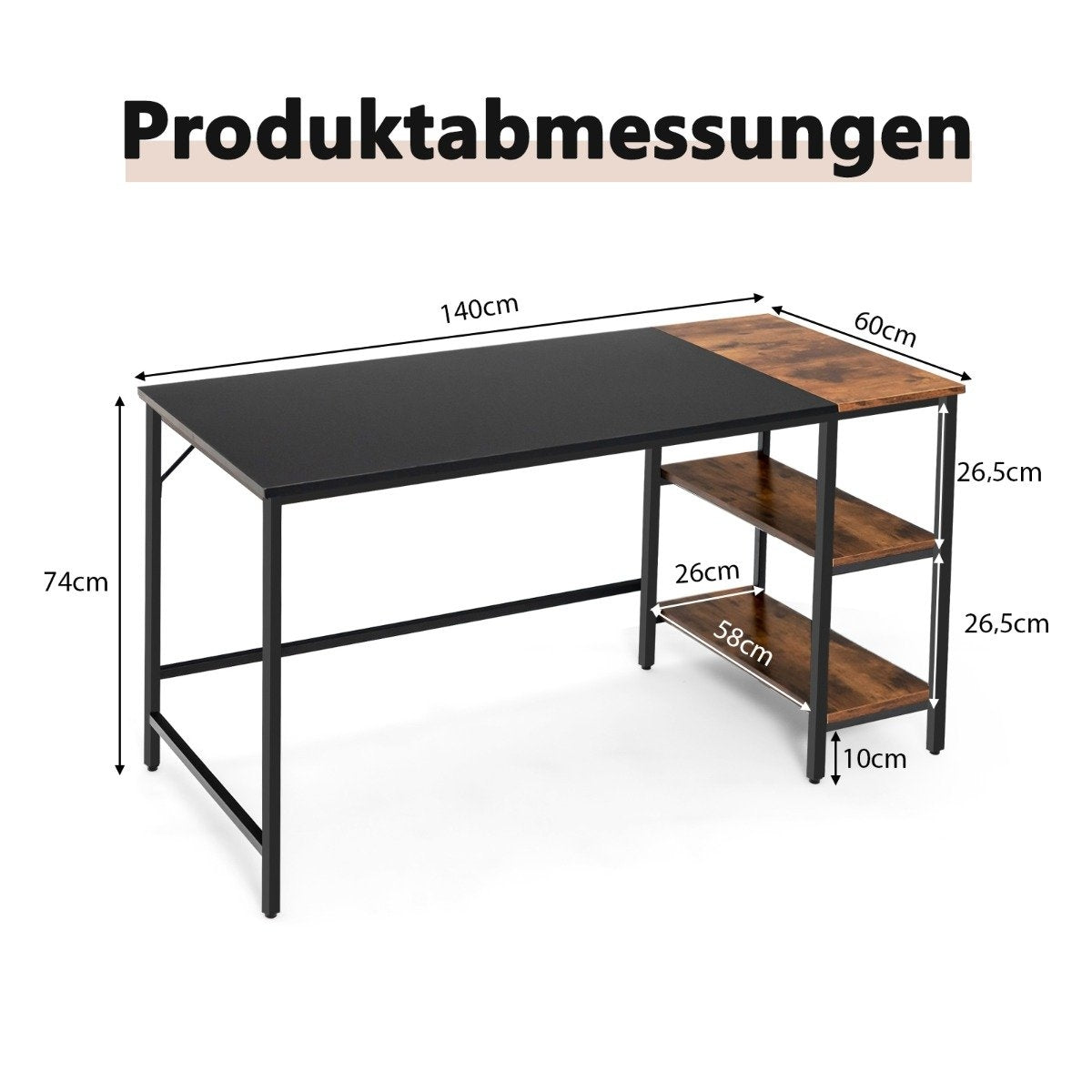 140 cm desk with shelves & splice plate computer table office table PC table brown