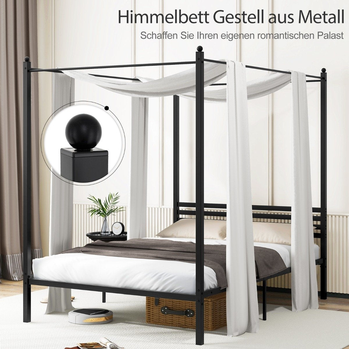 140 x 200 cm four-poster bed frame with slatted frame metal bed double bed bed frame black
