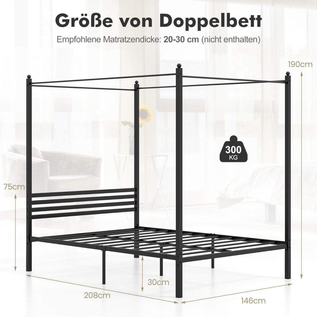 140 x 200 cm four-poster bed frame with slatted frame metal bed double bed bed frame black